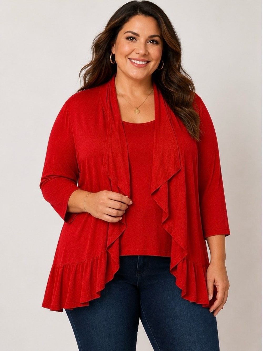 Bluetime 2XL Red Waterfall Ruffle Hem Open Front Cardigan